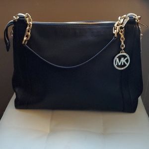 MK Black Leather Stanthrope with gold chain link Handbag
